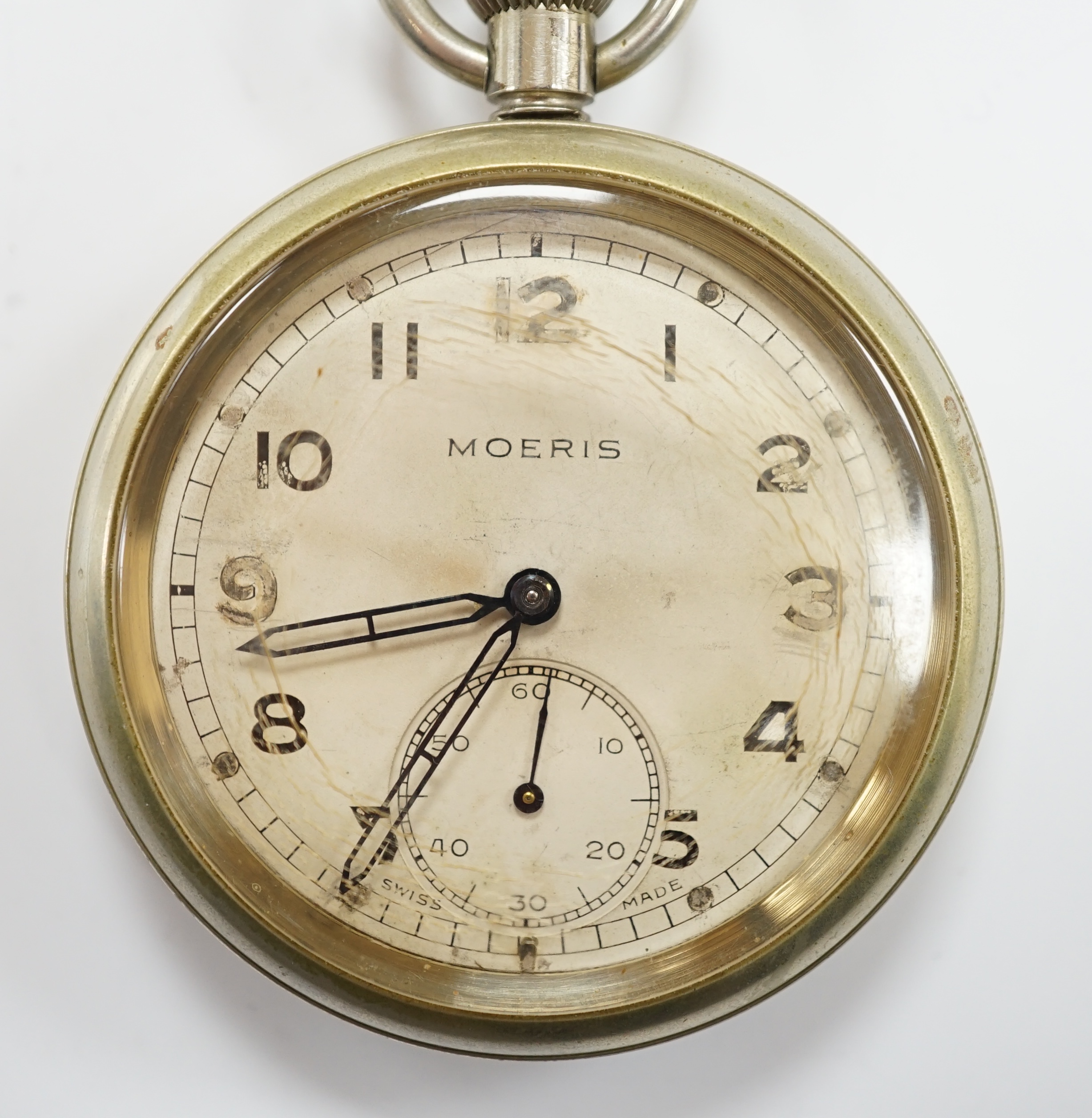 A nickel cased Moeris military G.S.T.P. (General Service Trade Pattern) open face pocket watch, with Arabic dial and subsidiary seconds, case diameter 50mm.